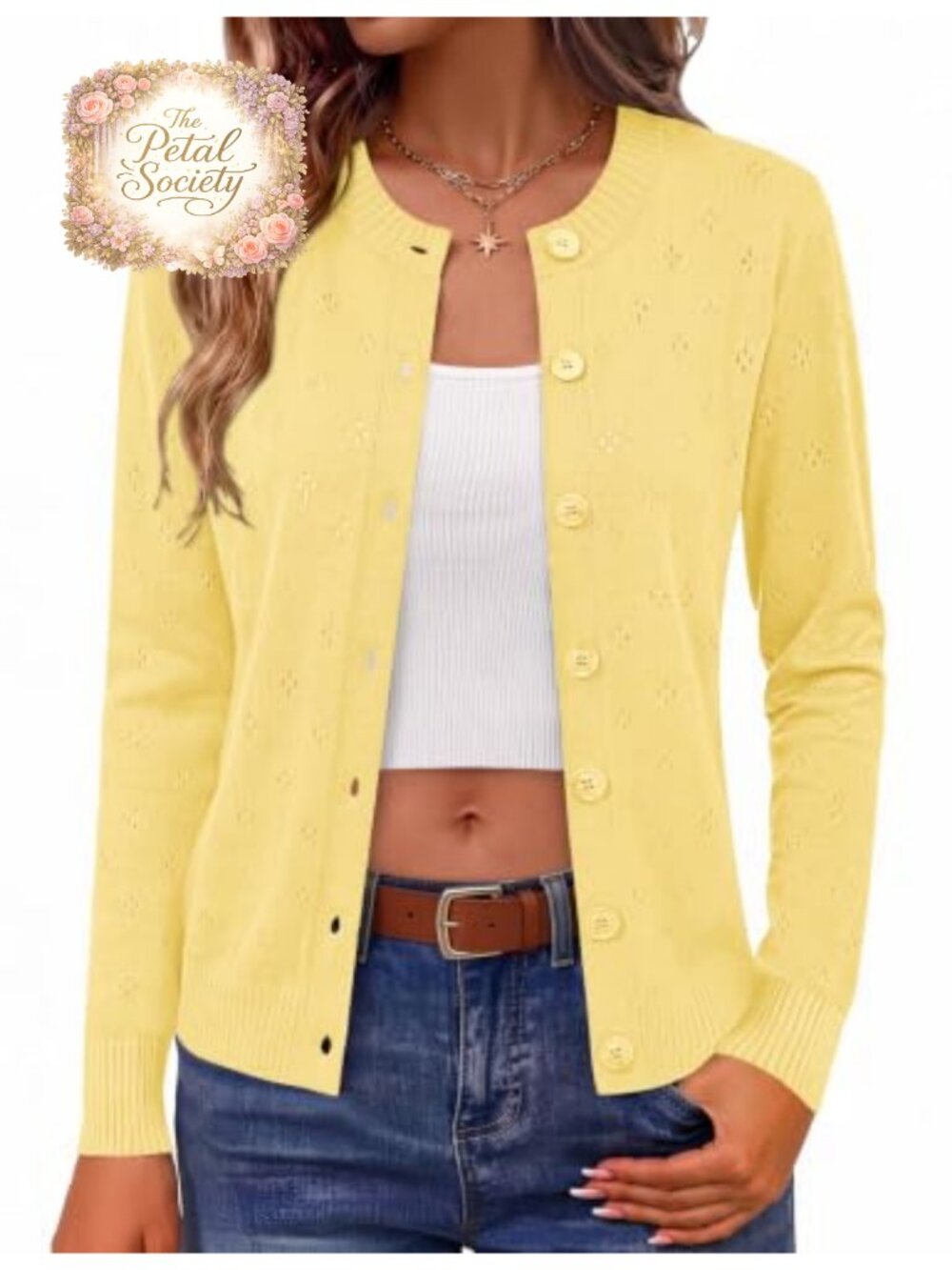 Knit Cardigan Sweater Button Down Crew Neck Lightweight Women's